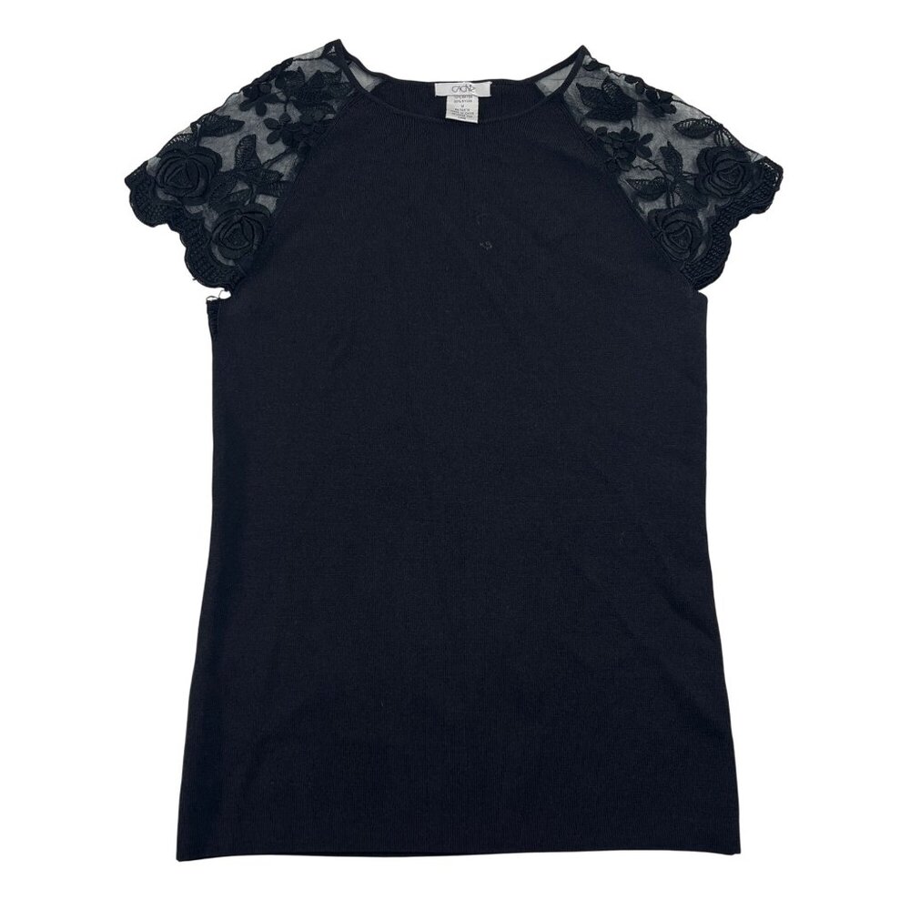 Cache Black Lace Sleeve Top Medium Rayon/Nylon Lightweight Sweater